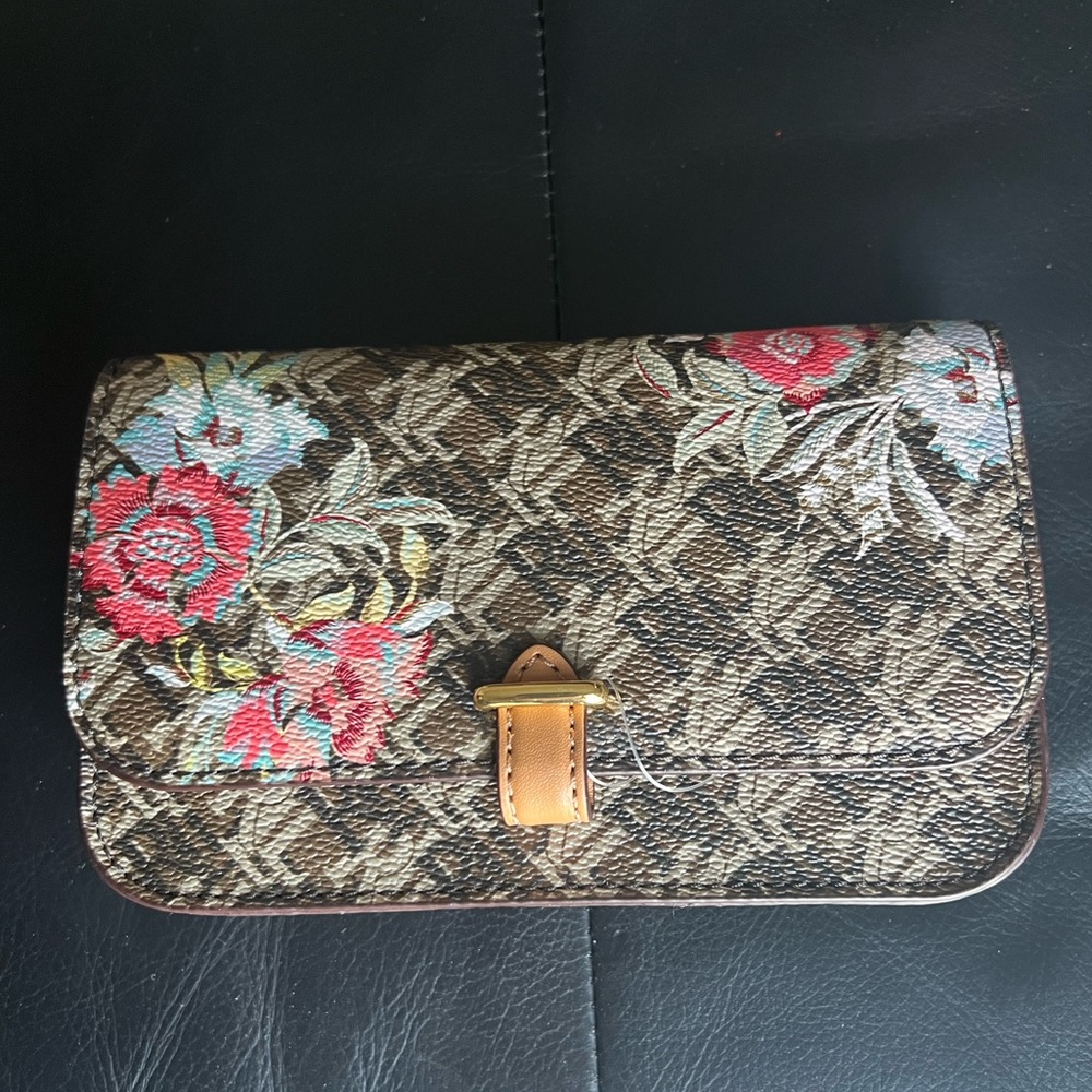 Ralph Lauren Brown Floral Mini Crossbody Bag with Red & Blue Accents